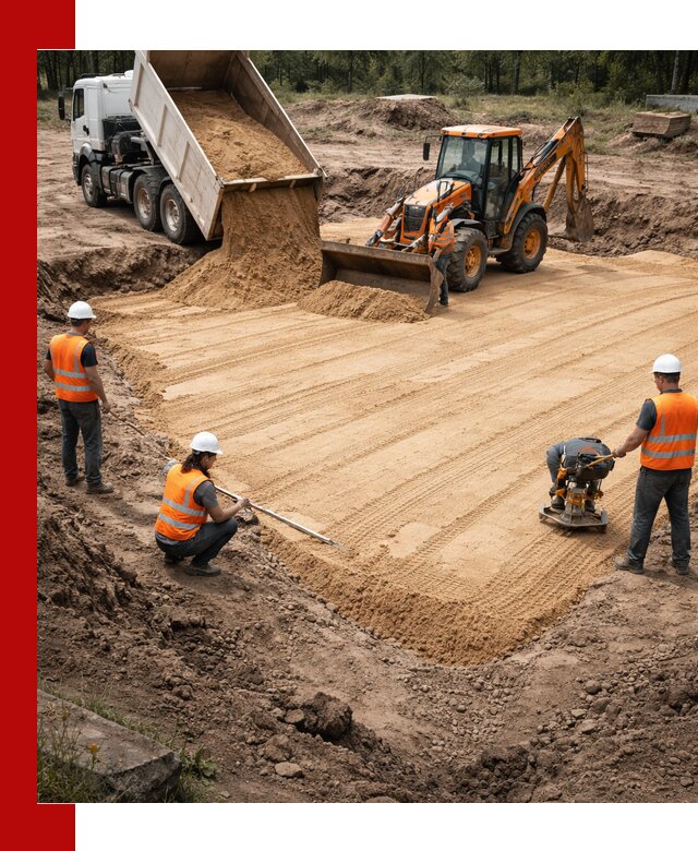 Устройство песчаной подушки для фундаментов и дорог в Дмитрах